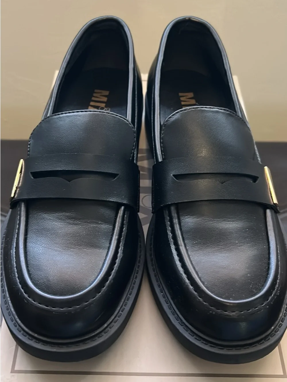 MIA Black Leather Penny Loafers with Gold Accent